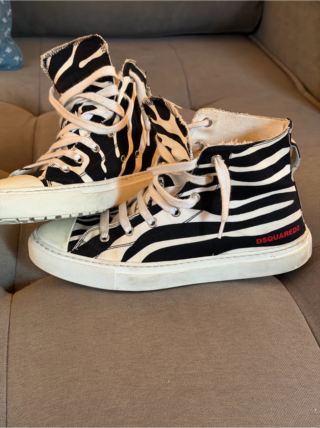 Dsquared2 Black & White Zebra-Print High-Top Sneakers With Red Logo